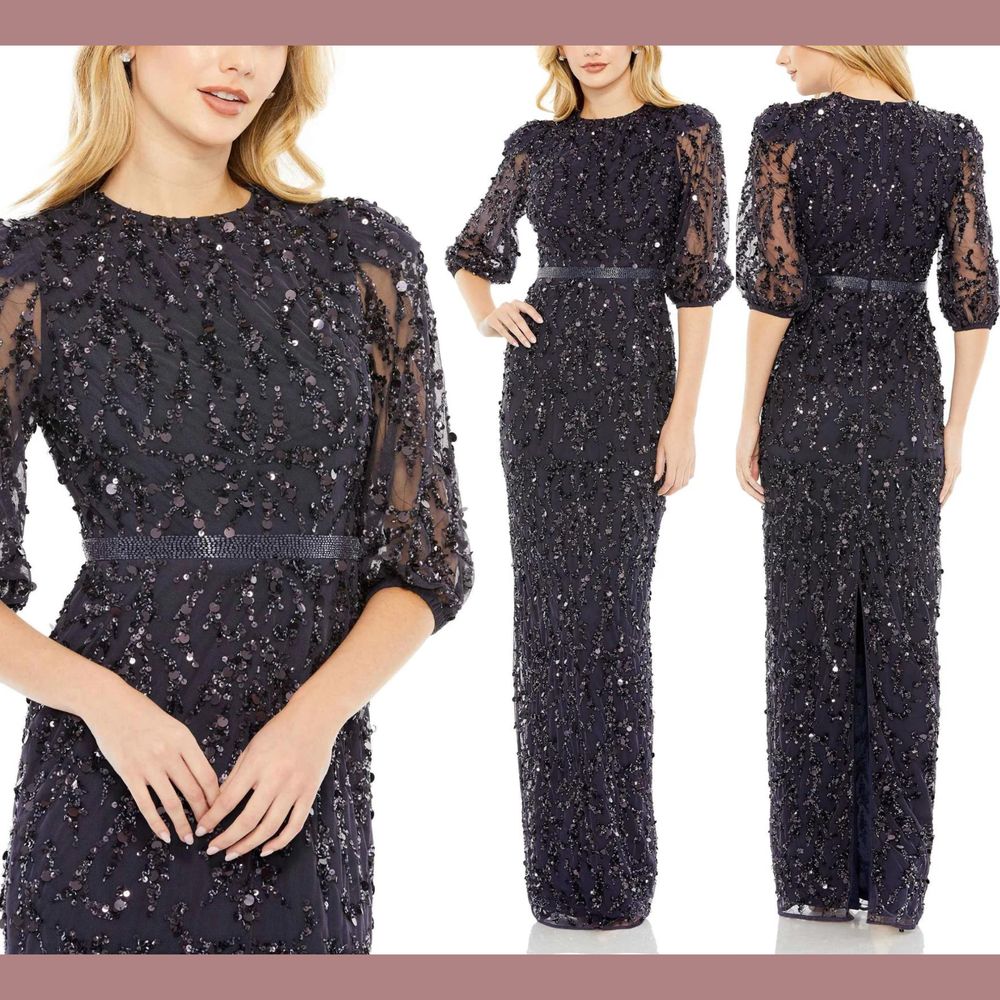 Nwt $598 Mac Duggal [ 4 ] Sequined Elbow Sleeve Gown Midnight Blue #G1930